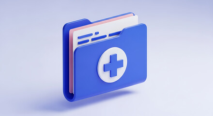 Vibrant 3D render of a blue folder with a white medical cross, representing digital healthcare records, patient data organization, and medical information management