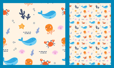 Cute Cartoon Whale and Octopus Seamless Pattern for Children’s Apparel and Home Decor