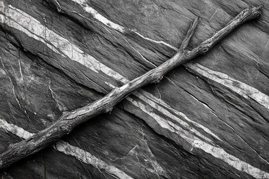 A monochrome photography capturing the intricate pattern of a marble texture, with parallel lines resembling wood grain and a twig sitting on the slope of the surface