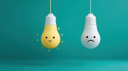 Two hanging light bulbs, one yellow with a smiling face emitting rays, the other white,