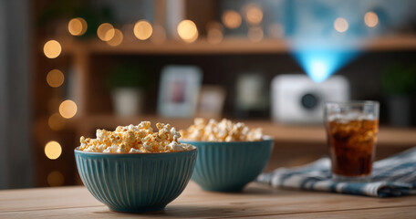A close up of two bowls filled with popcorn and a glass containing soda on top of a table in front of lights, a projector and other items out of focus