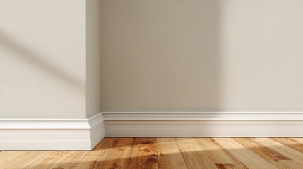 A minimalist interior corner with beige walls and polished wooden flooring featuring warm tones and natural grain,