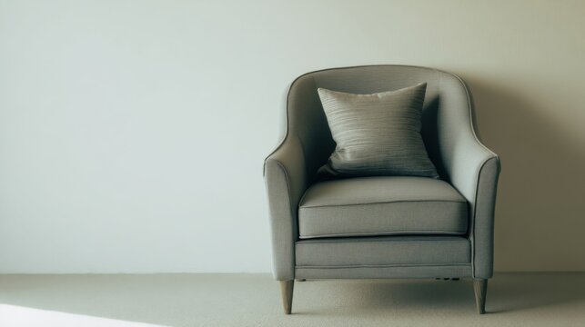 A modern gray armchair with a high backrest and subtle agitation patterns stands against a plain wall,