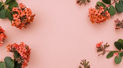 A soft pink background frames vibrant orange flowers and green leaves,