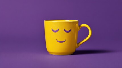 A yellow coffee mug with a purple closed-eye smiley face stands against a solid purple background,