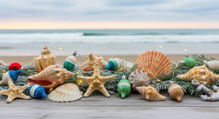 Coastal Christmas decorations with seashells and ocean colors create serene holiday vibe