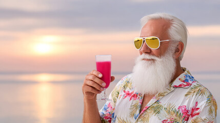Elderly man with white beard wearing sunglasses holds a colorful cocktail while enjoying a serene sunset by the beach, embodying relaxation and leisure in a tropical paradise
