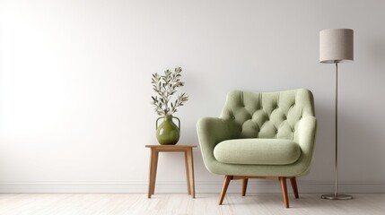 A light green tufted armchair with wooden legs stands beside a small round side table holding an olive green vase with a