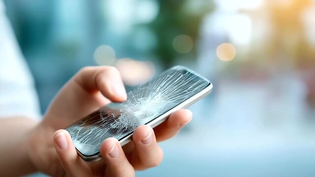 Broken phone screen closeup with defocused background, faceless damage detail, cracked visualization, blurred setting, screen concept, mobile interface, repair display, damaged sce