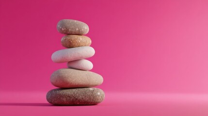 A stack of six balanced stones stands tall on a pink surface with subtle reflections at the base,