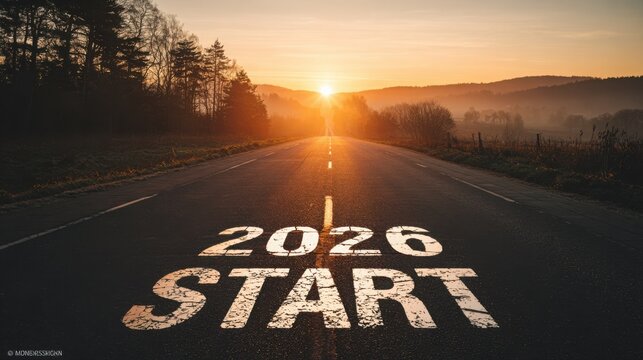 Road to success concept with year and start text at sunset