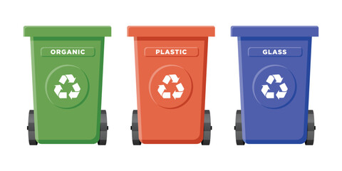 Many garbage cans with sorted garbage. Sorting garbage organic, plastic, and glass. Ecology and recycle concept. 