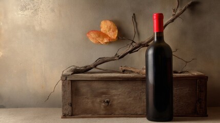 A wooden chest labeled forty three sits beside a bottle of wine with red cap,