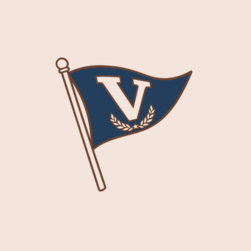 Vintage V Pennant Flag Logo.Retro Collegiate Banner Emblem.Old School Varsity Badge Design.Nautical Burgee Illustration.Classic Letter V College Crest