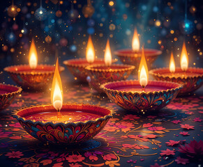 Diwali oil lamps isolated on white background, creating a warm ambiance