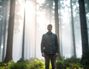 A lone figure stands amidst ancient trees with mystical sun rays piercing through the misty forest
