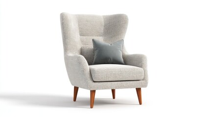 A modern minimalist armchair with clean lines and soft curves sits against a plain white background,