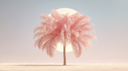 A solitary palm tree with pink foliage stands on a smooth sandy surface, bathed in soft pastel hues of dawn or dusk,