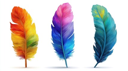 Three vibrant feathers showcase a stunning blend of orange, pink, purple, blue, and turquoise hues,