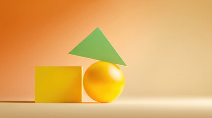 Three geometric shapes on an orange gradient background featuring a yellow sphere, green triangle,