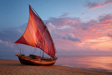 A local "dhow" (traditional sailing boat), with patched sails, resting on a sandy coastline at dawn, symbolizing ancient trade routes.