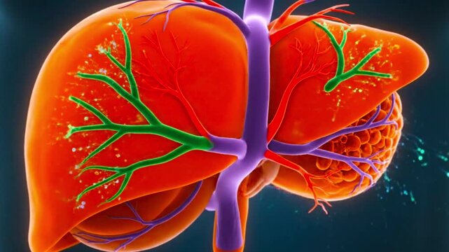 Close up view of a human liver with purple and orange details on a dark blue background art