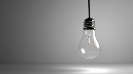 A single incandescent light bulb hangs mid air by a black cord,