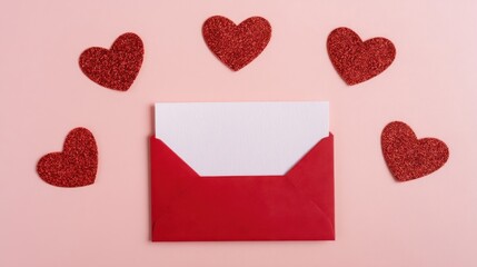 An open red envelope with a white card partially inserted, surrounded by six red hearts on a pink background,