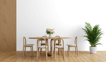 Modern Round Dining Table with Curved Wood Chairs and Floral Centerpiece – Cutout Wall Scandinavian Interior PNG