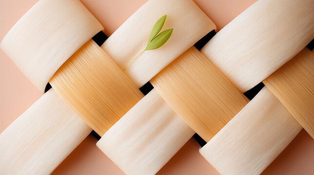 A close-up abstract view of interwoven natural fibers, featuring a small green sprout symbolizing growth and new beginnings. - Powered by Adobe