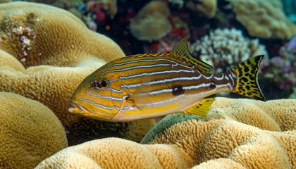 Close-up of a striped fish with a vibrant yellow and blue pattern, nestled among coral formations in the ocean
