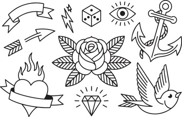 Fototapeta premium Classic tattoo flash sheet elements for sticker art