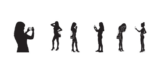A silhouette drawing of a young woman snapping photos of her girlfriend with her phone. The girl who's posing is in high heels, has a mini purse, and looks a bit shy in front of the camera.
