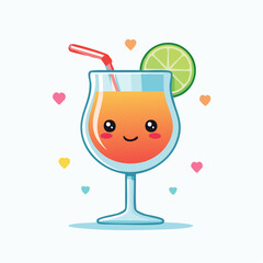 Cute Kawaii Cocktail with Lime and Straw, Adorable Beverage Illustration