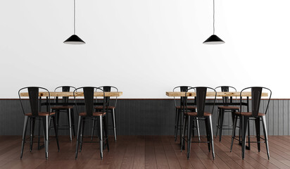 Industrial High Bar Tables with Black Metal Stools and Minimal Pendant Lighting – Cutout Wall Interior PNG