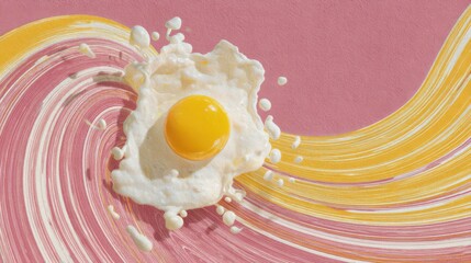 A vibrant image of an egg splashing against a pink backdrop, surrounded by flowing yellow lines, an artistic and dynamic effect, abstract food arts background