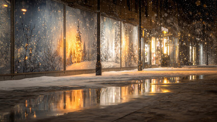 A magical winter night scene with snow falling, reflecting on wet ground, beside illuminated shop windows displaying festive forest landscapes.