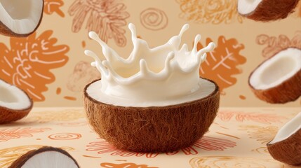 A creative display of a coconut bowl with milk splashing, surrounded by coconut halves against a vibrant backdrop, abstract food arts background