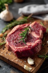 Fototapeta premium Raw ribeye steak sits on a weathered wooden board, surrounded by fresh rosemary, garlic cloves, and a sprinkle of salt, inviting mouthwatering culinary possibilities