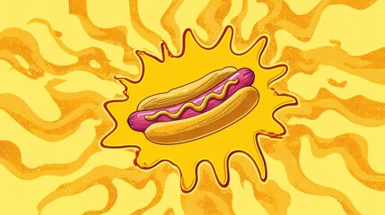 A vibrant illustration of a hot dog surrounded by a sunburst design against a yellow background, abstract food arts background