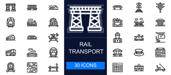 Rail transport icon set. Trains, tracks, stations, signals, cargo, high-speed rail, tunnels, engines and more. Thin line vector icons for railway systems, logistics, public transit and transportation  © Fifty Icons