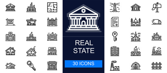 Real estate icon set. Homes, buildings, property listings, keys, mortgages, commercial spaces, rentals and more. Thin line vector icons for architecture, housing, property business and construction.