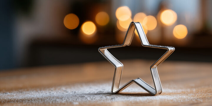 A silver star-shaped cookie cutter sits on a wooden surface dusted with flour, in front of out-of-focus lights that suggest the setting is near Christmas time - Powered by Adobe