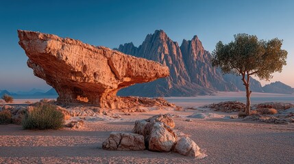 Sunrise over a dramatic desert landscape featuring a large rock formation