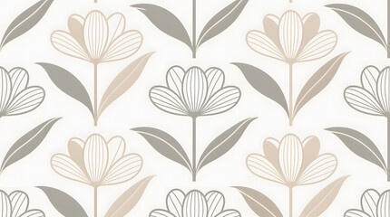 Obraz premium Modern abstract floral line pattern, Seamless design with stylized blossoms in neutral beige and gray tones, perfect for contemporary wallpaper or textile.