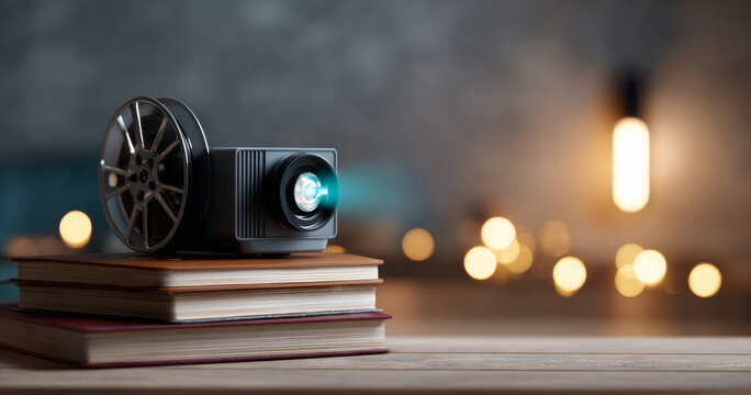 A projector is sitting on a stack of books with out-of-focus lights in the background