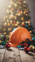 orange construction helmet and christmas ornaments decorating a wooden table with a pine tree celebrating amidst a bokeh of festive lights banner copy space, *Construction-themed Holiday Celebration