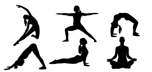 Vector silhouette illustration set of a young woman doing meditation or yoga