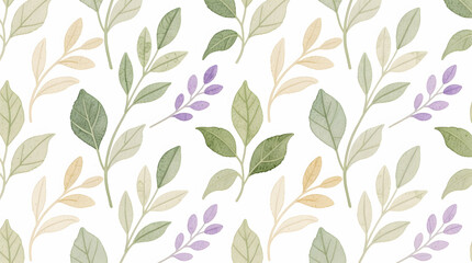 Hand-painted, seamless watercolor foliage pattern Featuring Delicate leaves and stems in subtle earth tones and soft lavender, perfect for textile and paper design.