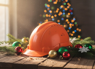 orange construction helmet and christmas ornaments decorating a wooden table with a pine tree celebrating amidst a bokeh of festive lights banner copy space, *Construction-themed Holiday Celebration
